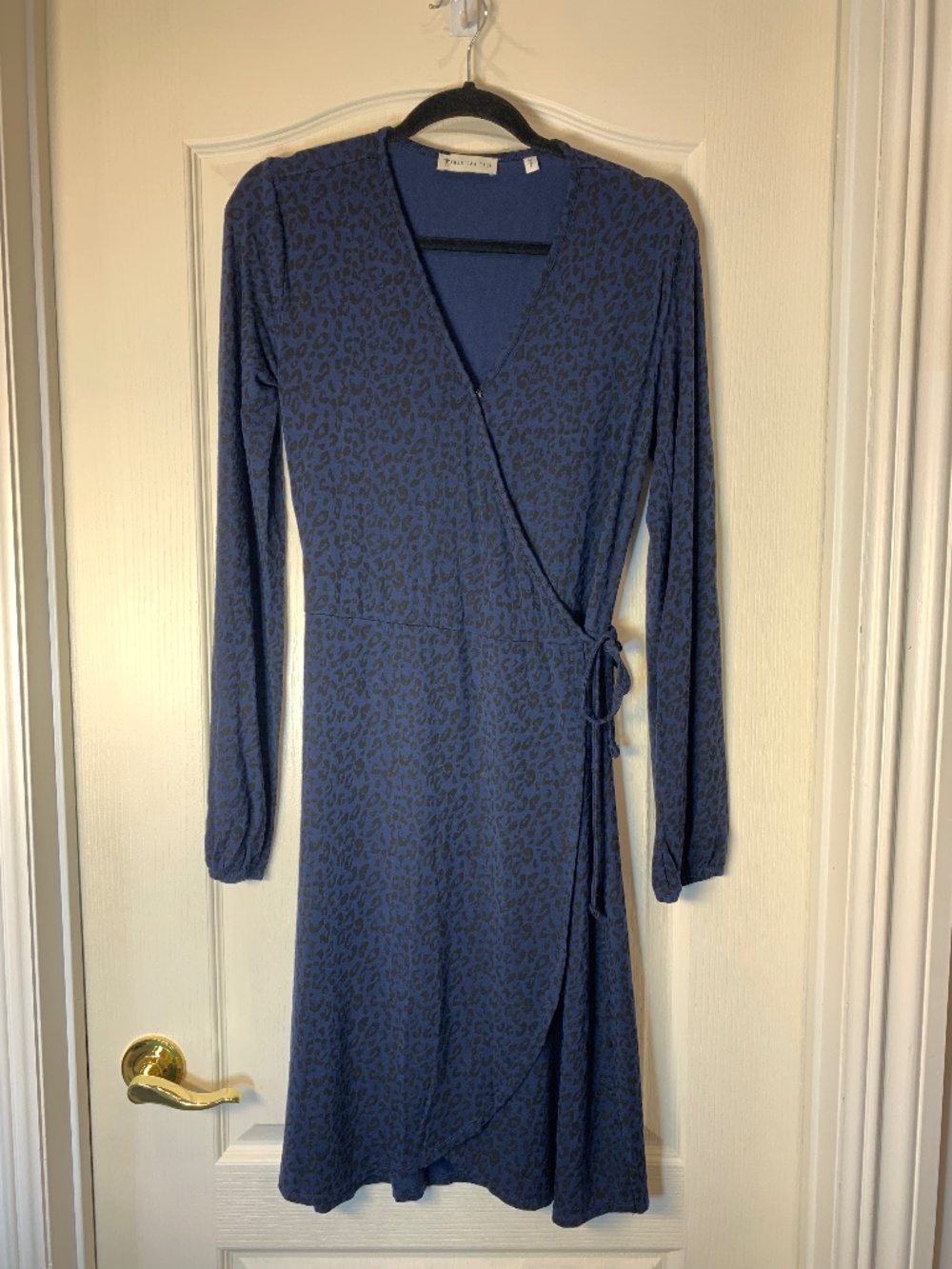 American Tall Women’s MT Navy Black Leopard Long Sleeve Jersey Wrap A-Line Dress